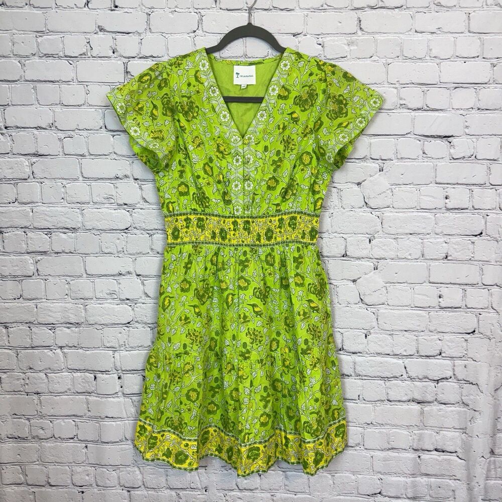 Isla Payal Valencia Mini Floral Dress Lime Green Women XS Cotton Handmade Boho